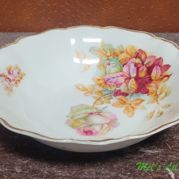 Antique German Hand Painted Large Roses & Gold Scalloped 10 Inch Bowl - Picture 1 of 7
